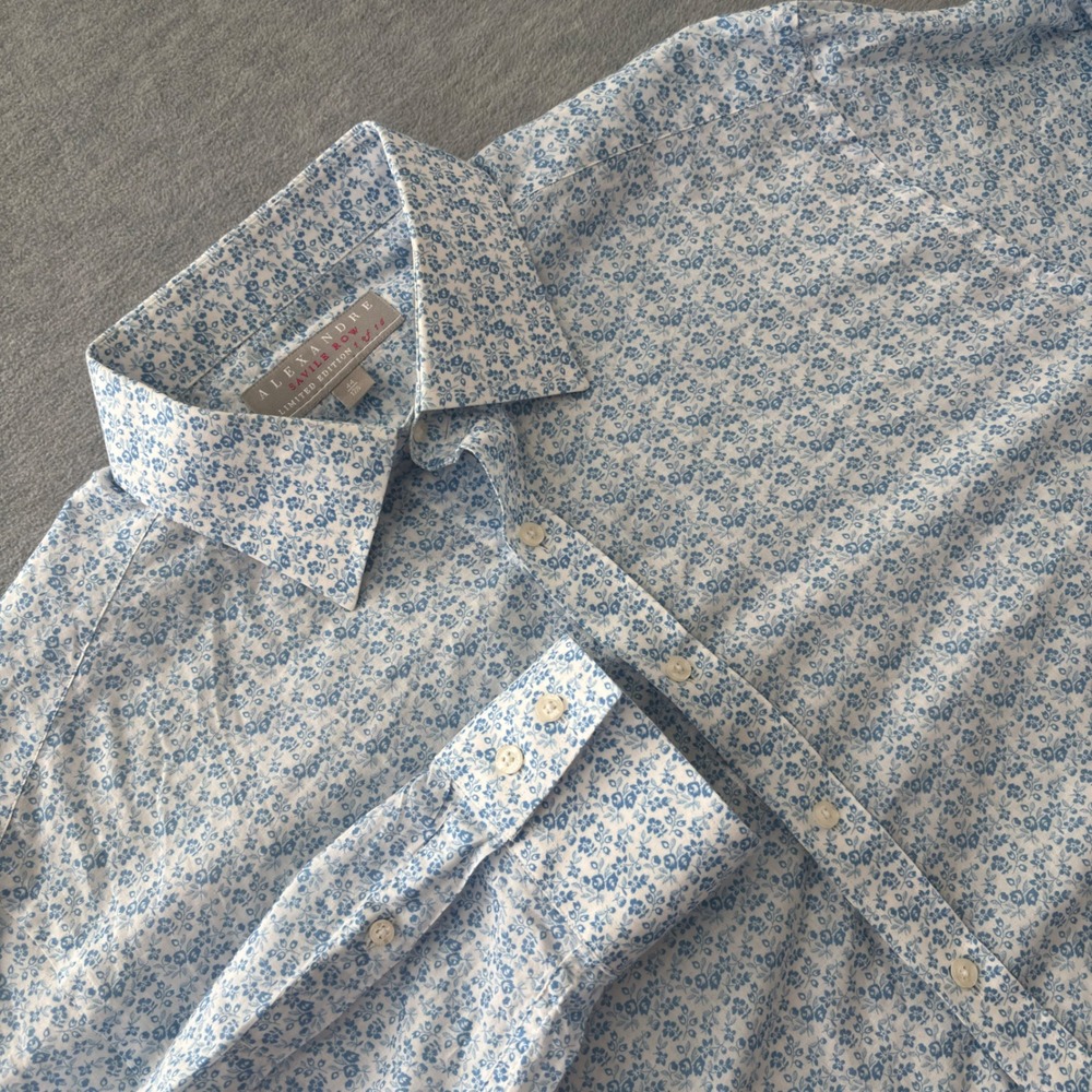Alexandre Savile Row Men 17.5 XL Blue Floral Cotton Button Down Shirt Limited Ed